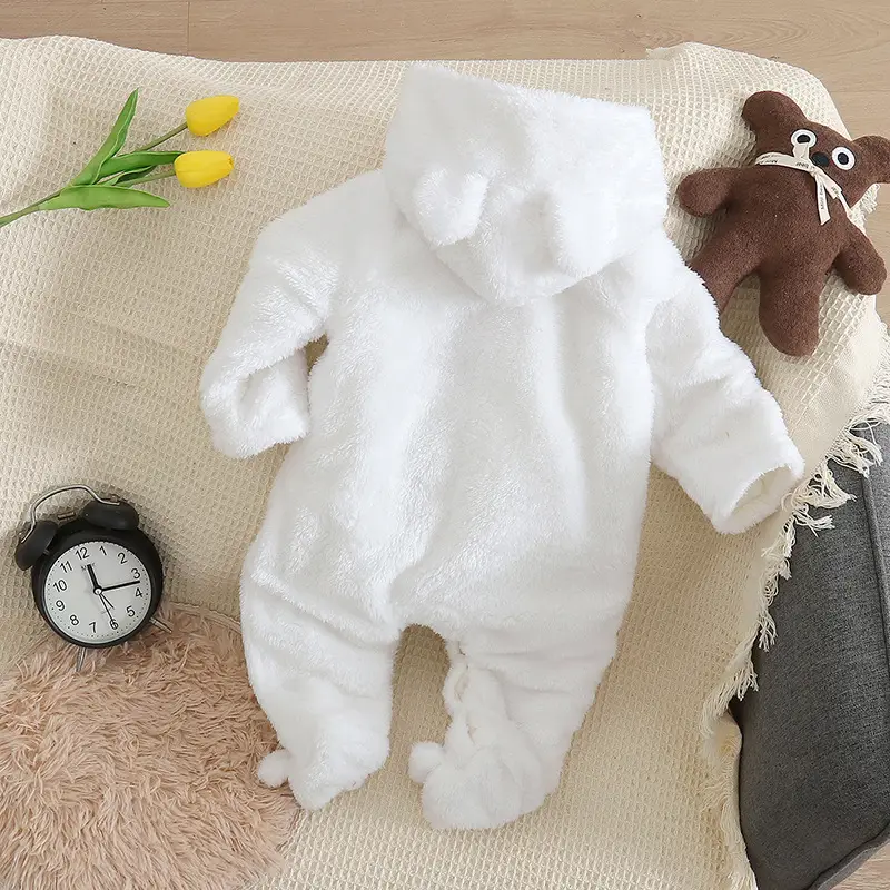 Pink Cartoon Bear Velvet Fleece Baby Hooded Jumpsuit