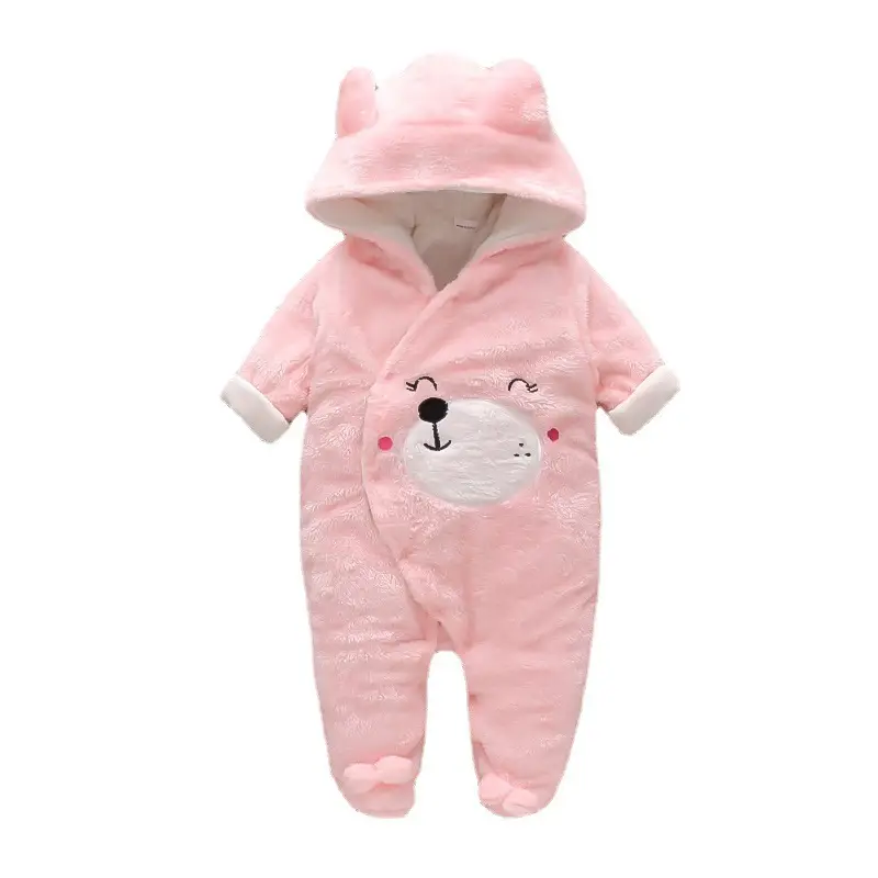 Pink Cartoon Bear Velvet Fleece Baby Hooded Jumpsuit
