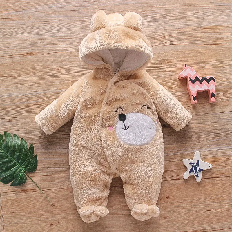 Pink Cartoon Bear Velvet Fleece Baby Hooded Jumpsuit