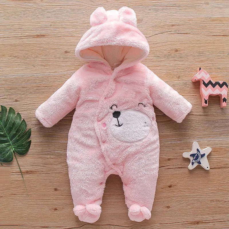 Pink Cartoon Bear Velvet Fleece Baby Hooded Jumpsuit