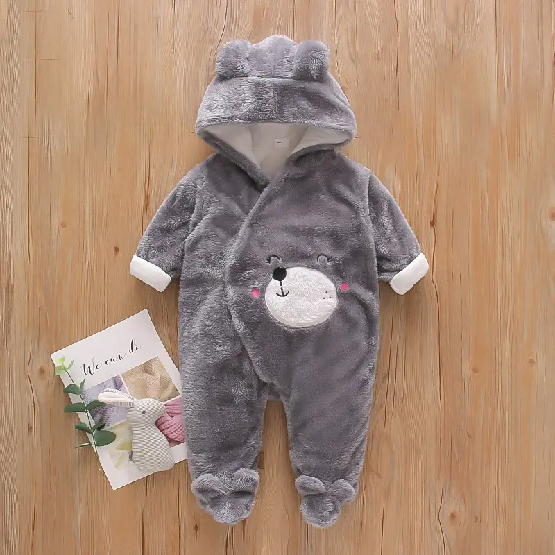 Pink Cartoon Bear Velvet Fleece Baby Hooded Jumpsuit