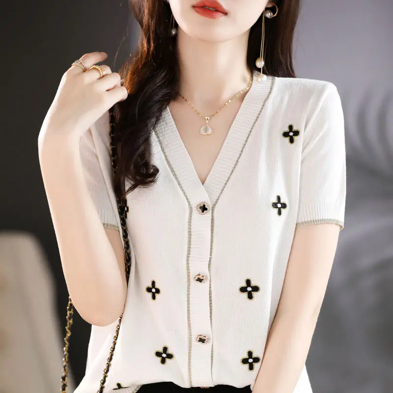 Black V-Neck Knitted Cardigan Women Summer Wear - Image 3
