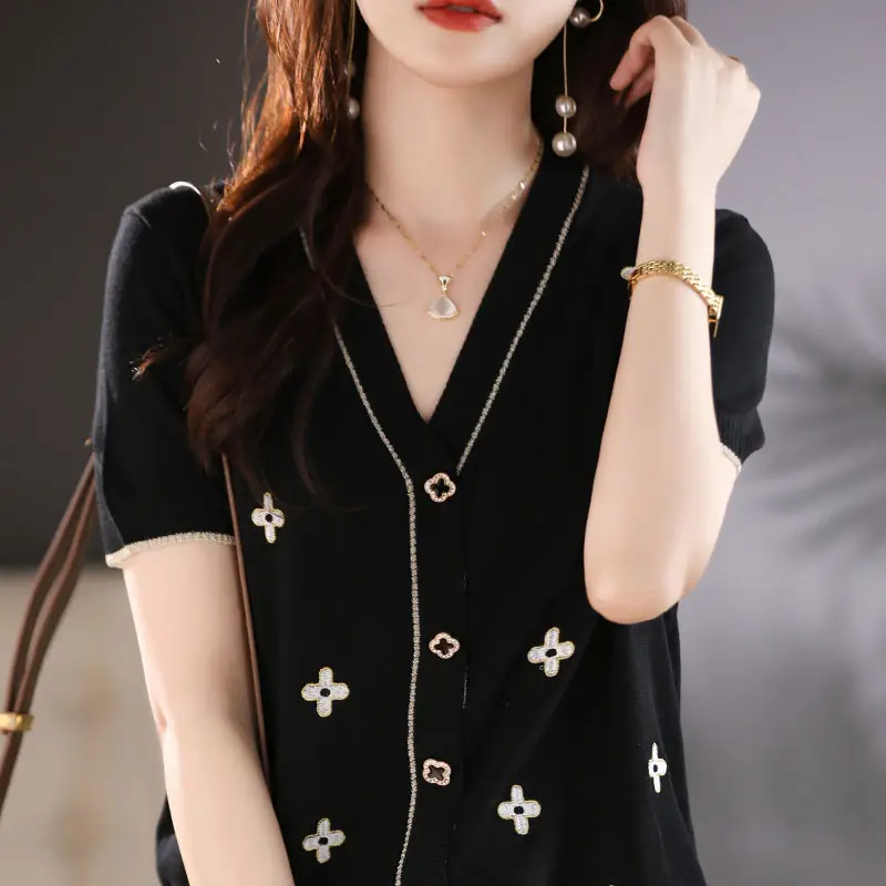 Black V-Neck Knitted Cardigan Women Summer Wear - Image 5