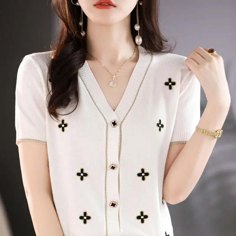 Black V-Neck Knitted Cardigan Women Summer Wear - Image 6