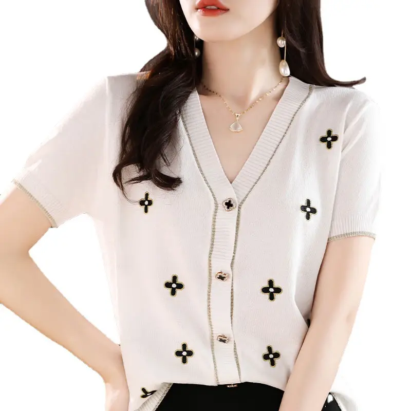 Black V-Neck Knitted Cardigan Women Summer Wear - Image 7