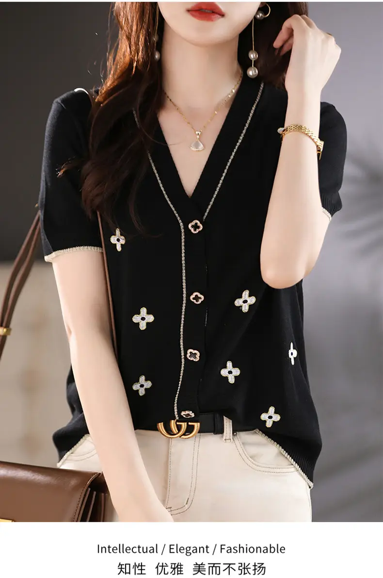 Black V-Neck Knitted Cardigan Women Summer Wear — feature 2