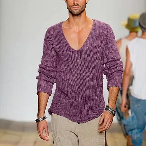 Men's Green Knitted V Neck Long Sleeve Pullover Large - Image 5