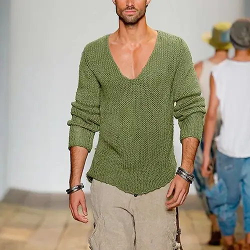 Men's Green Knitted V Neck Long Sleeve Pullover Large - Image 7