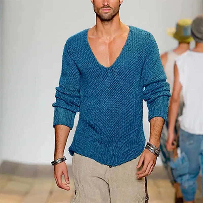 Men's Green Knitted V Neck Long Sleeve Pullover Large - Image 4