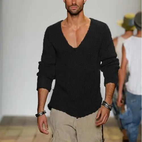 Men's Green Knitted V Neck Long Sleeve Pullover Large - Image 2