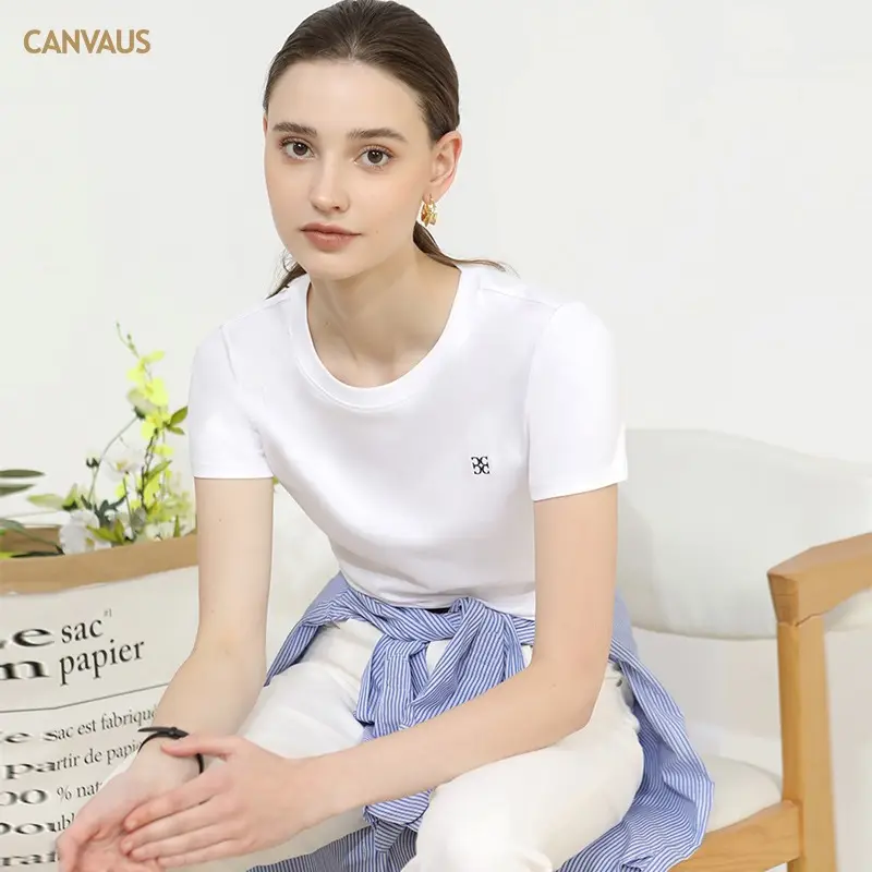 Women's Pure Cotton Embroidered T-Shirt White Slim Fit - Image 4