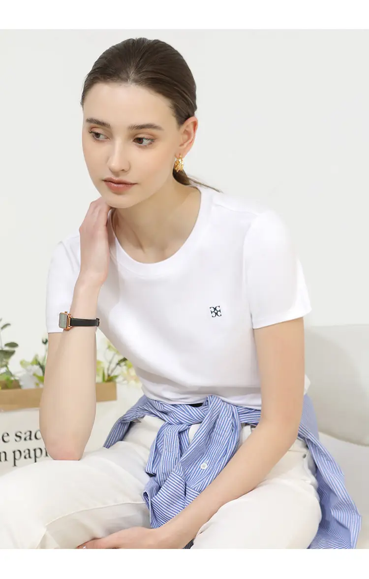 Women's Pure Cotton Embroidered T-Shirt White Slim Fit — feature 17