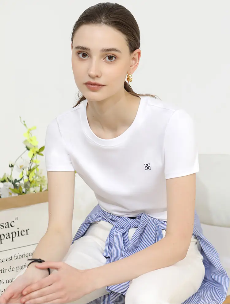 Women's Pure Cotton Embroidered T-Shirt White Slim Fit — feature 2