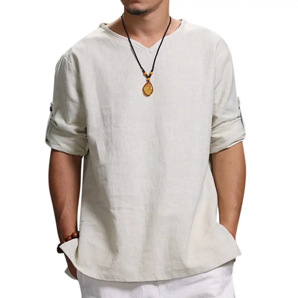 Men V-Neck Cotton T-Shirt Black Large - Image 13