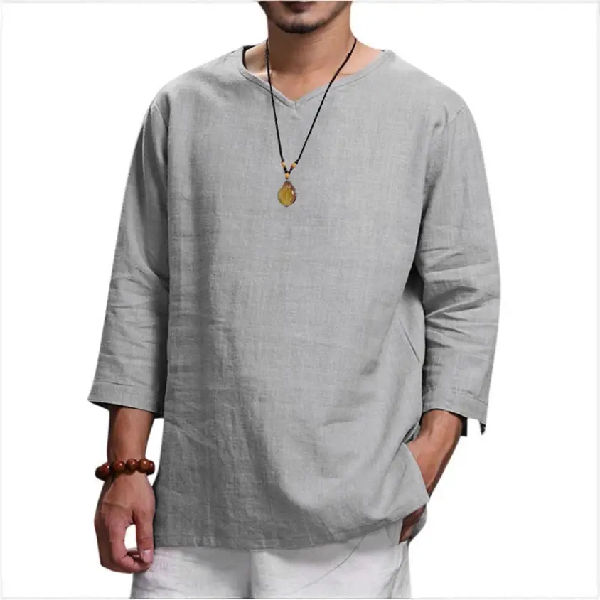 Men V-Neck Cotton T-Shirt Black Large - Image 14
