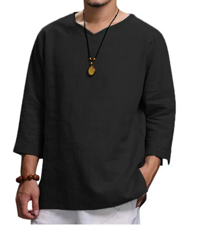 Men V-Neck Cotton T-Shirt Black Large — feature 5