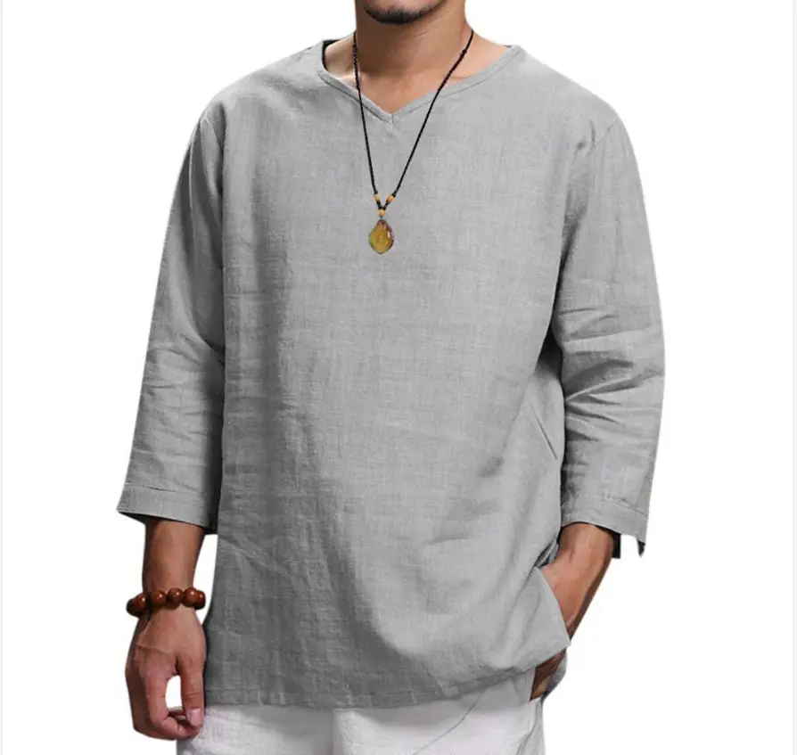 Men V-Neck Cotton T-Shirt Black Large - Image 10