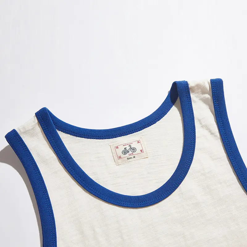 Men's White Cotton Sleeveless Vest Blue Trim - Image 4