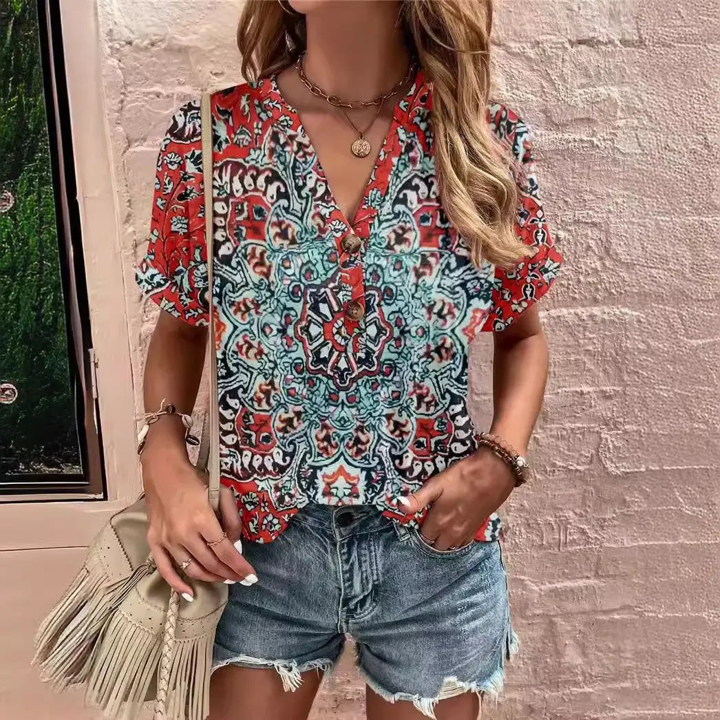 Women Striped Button Top Short Sleeve Summer Wear - Image 16
