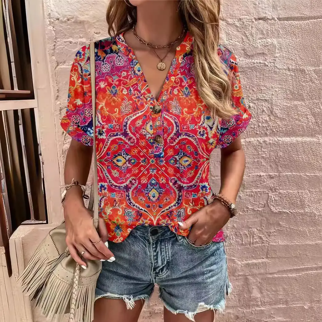 Women Striped Button Top Short Sleeve Summer Wear - Image 18