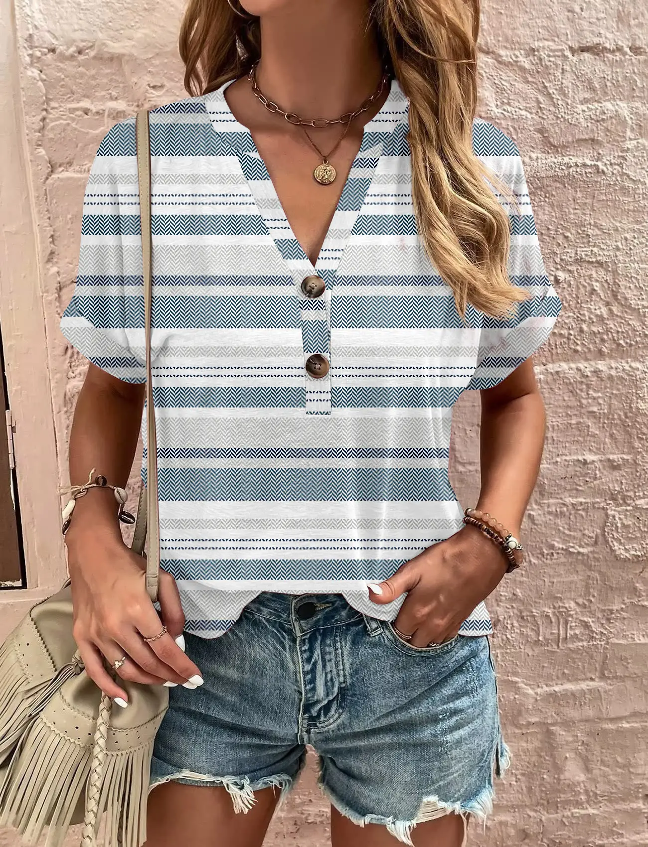 Women Striped Button Top Short Sleeve Summer Wear - Image 10