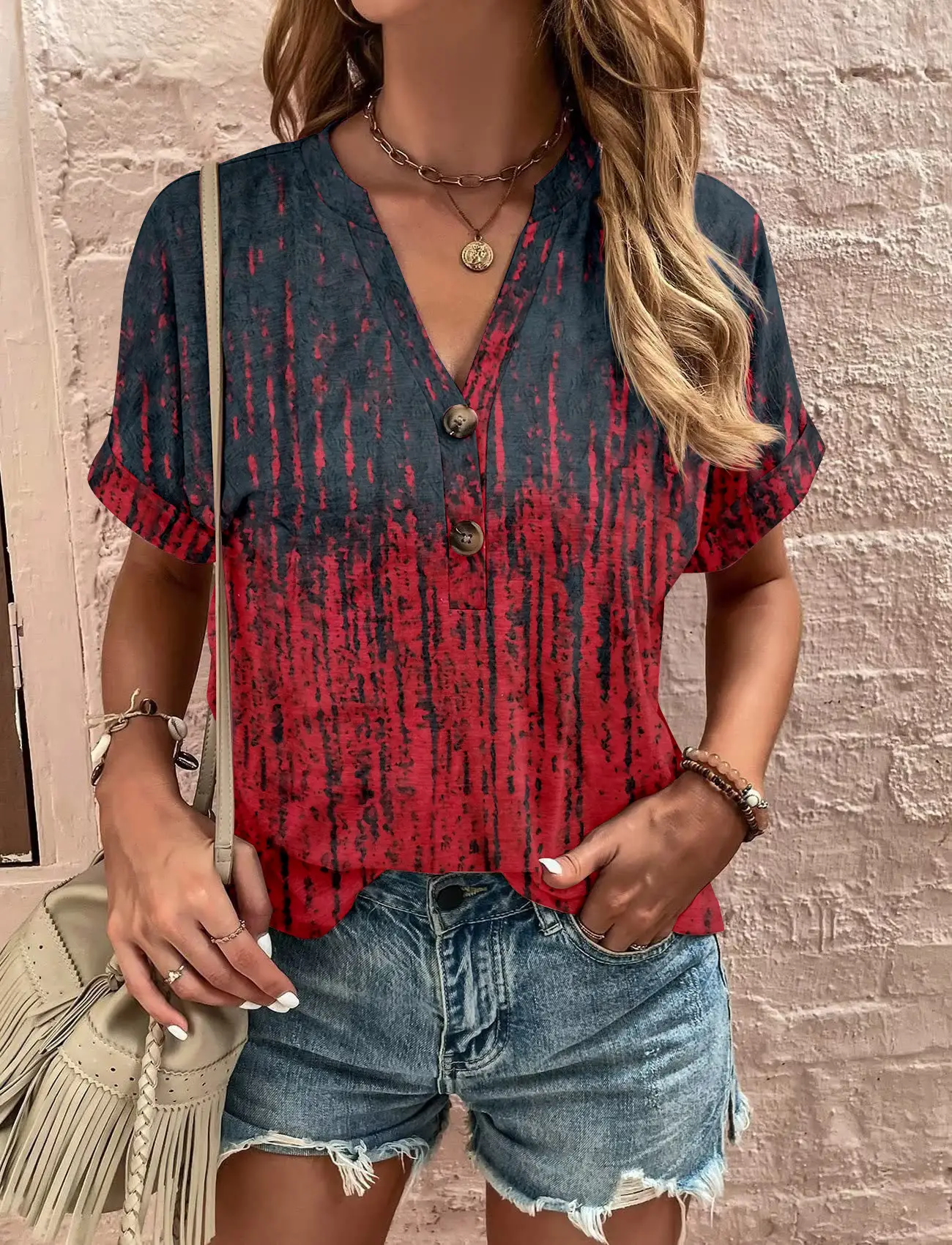 Women Striped Button Top Short Sleeve Summer Wear - Image 11