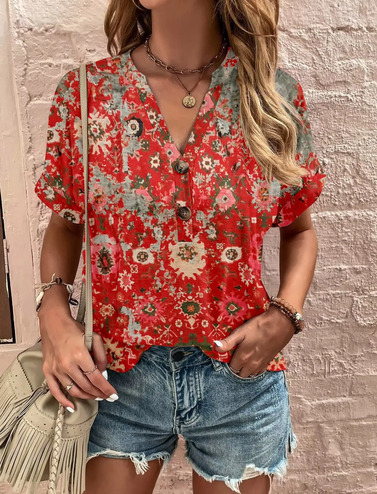 Women Striped Button Top Short Sleeve Summer Wear - Image 12
