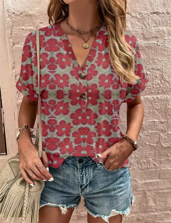 Women Striped Button Top Short Sleeve Summer Wear - Image 13