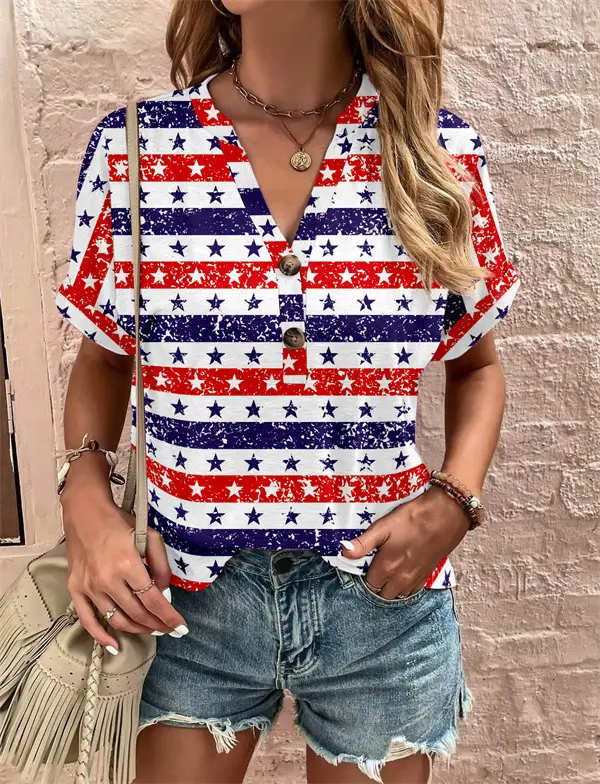 Women Striped Button Top Short Sleeve Summer Wear - Image 14