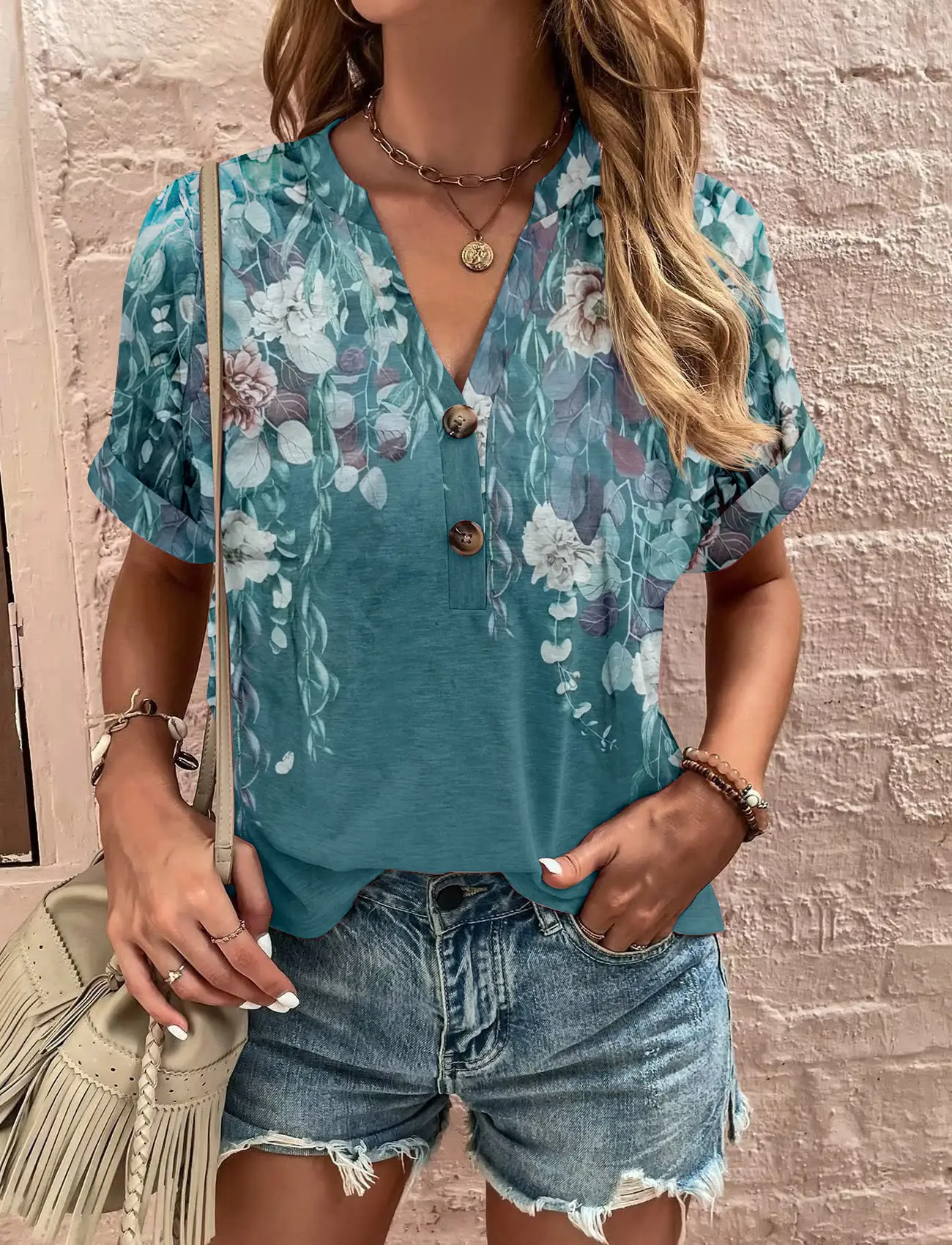 Women Striped Button Top Short Sleeve Summer Wear - Image 4