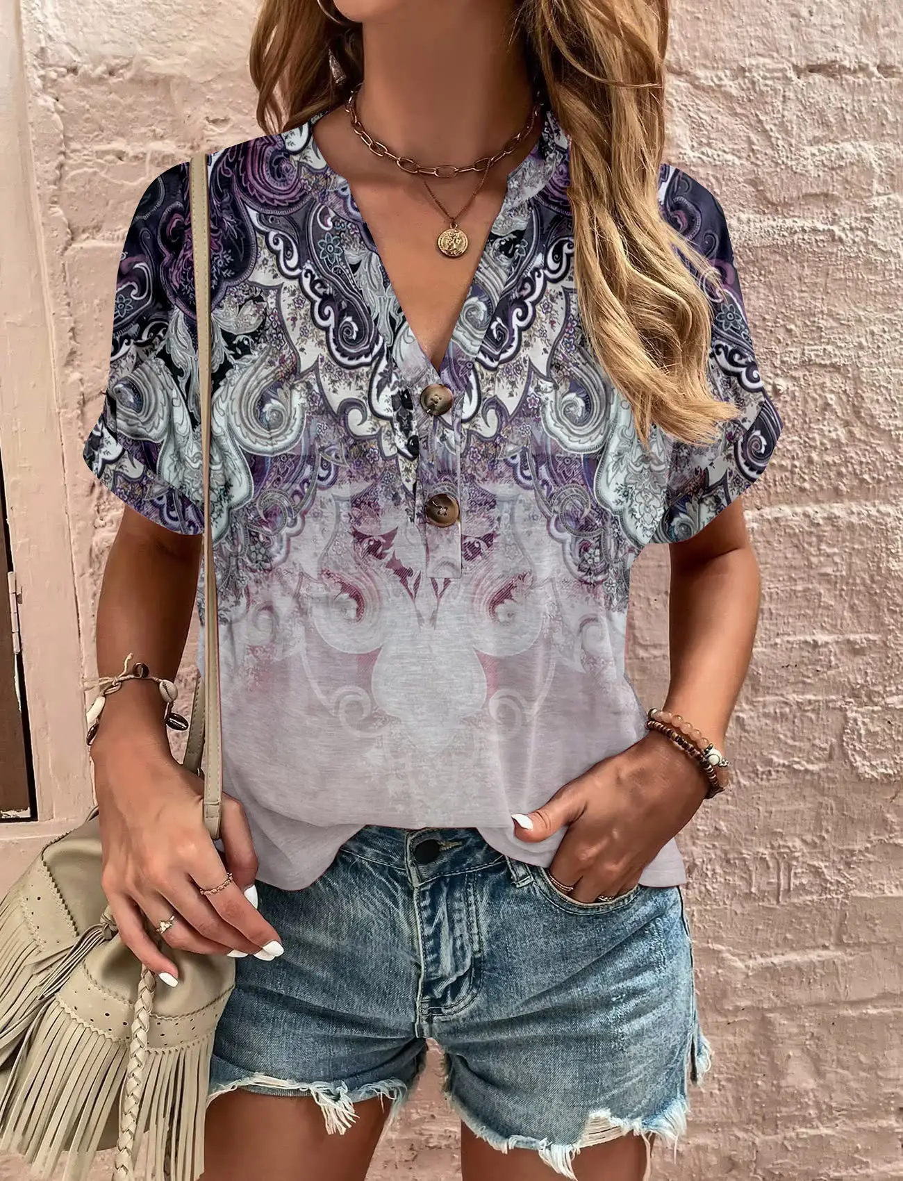 Women Striped Button Top Short Sleeve Summer Wear - Image 5