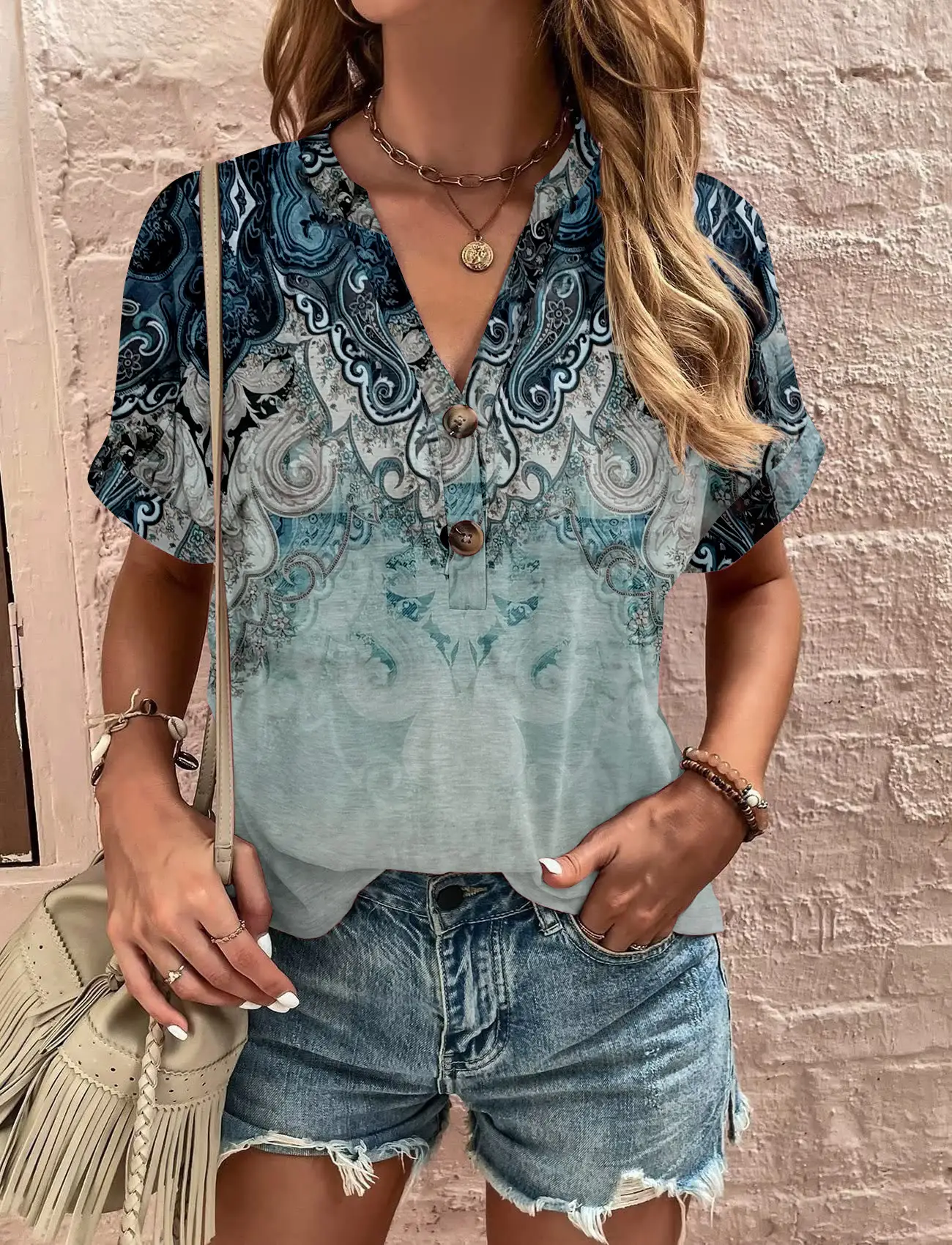 Women Striped Button Top Short Sleeve Summer Wear - Image 6