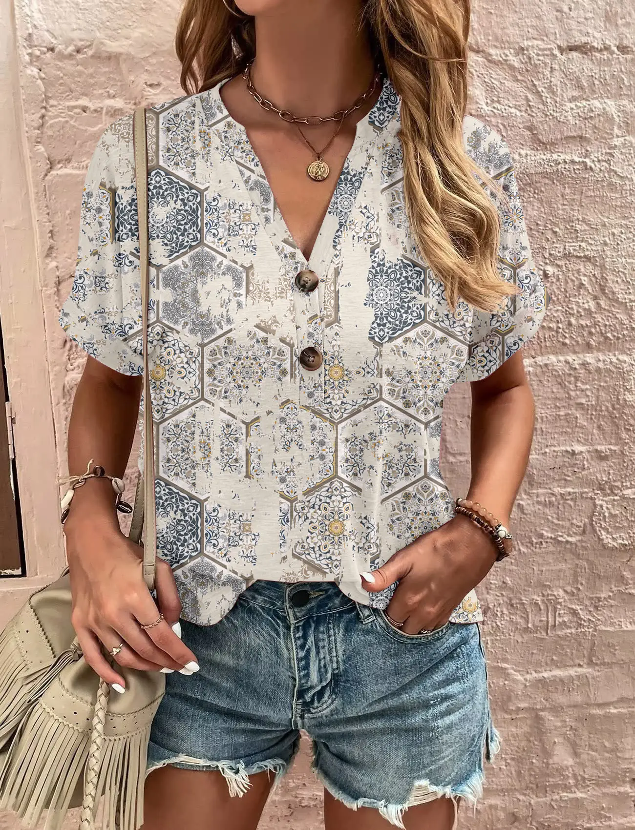 Women Striped Button Top Short Sleeve Summer Wear - Image 8