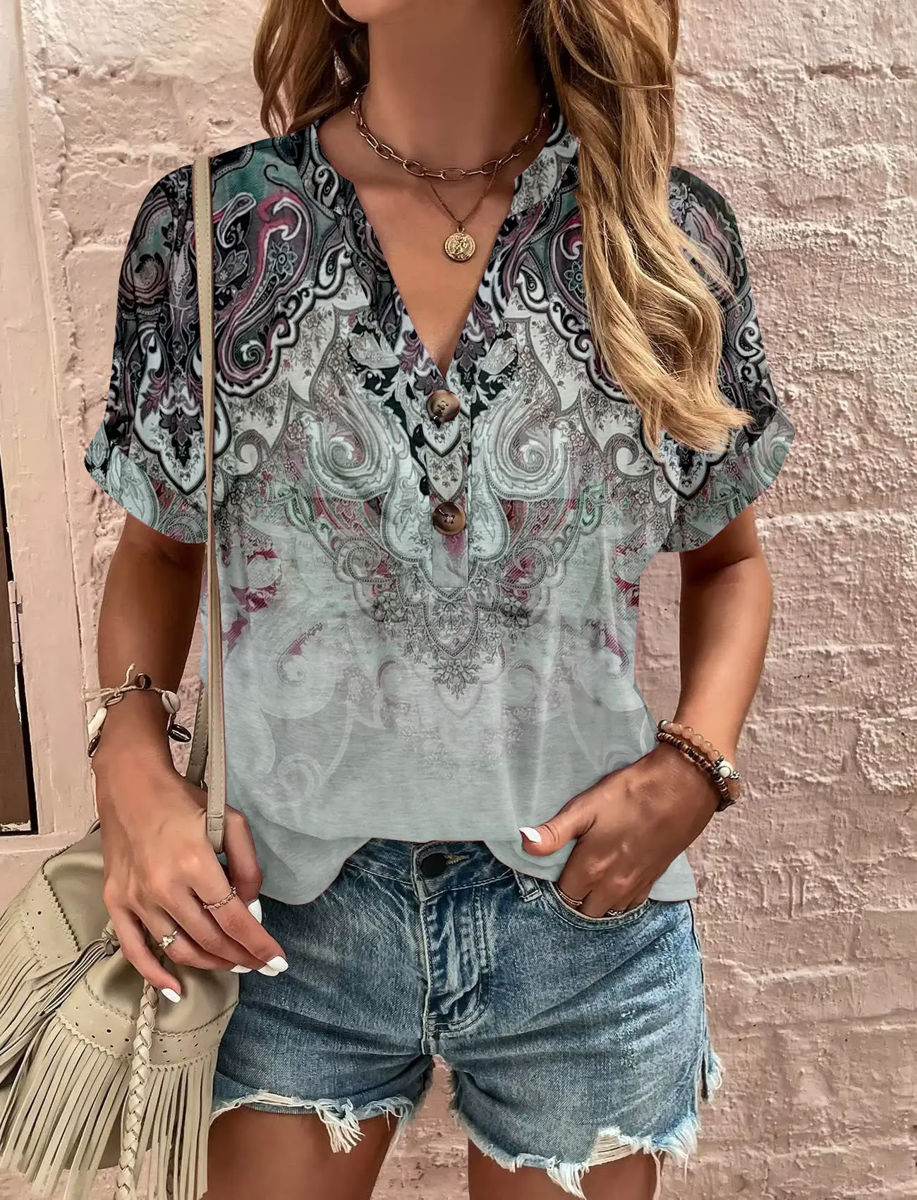 Women Striped Button Top Short Sleeve Summer Wear - Image 9