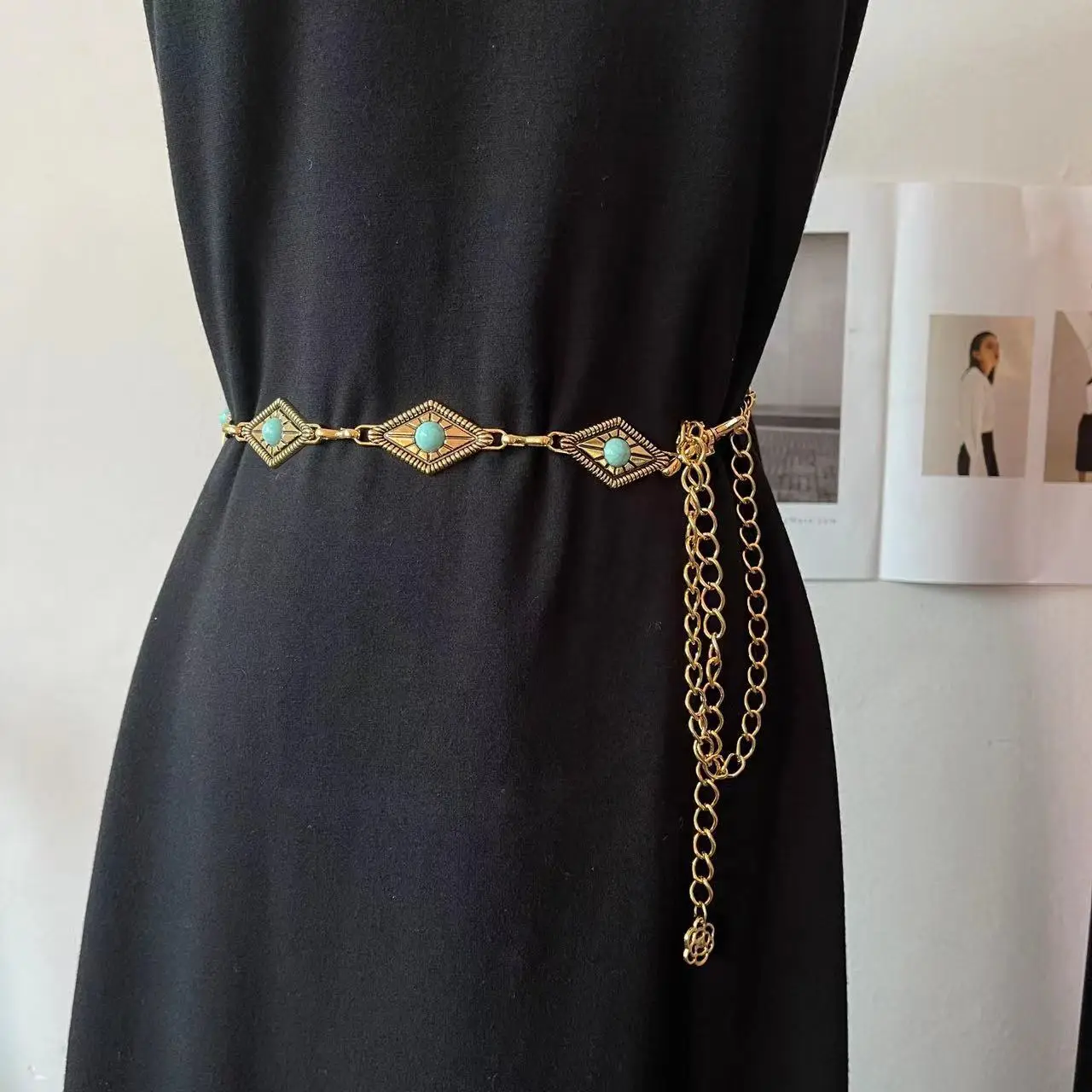 Gold Turquoise Chain Waist Belt for Women Bohemian Style - Image 1