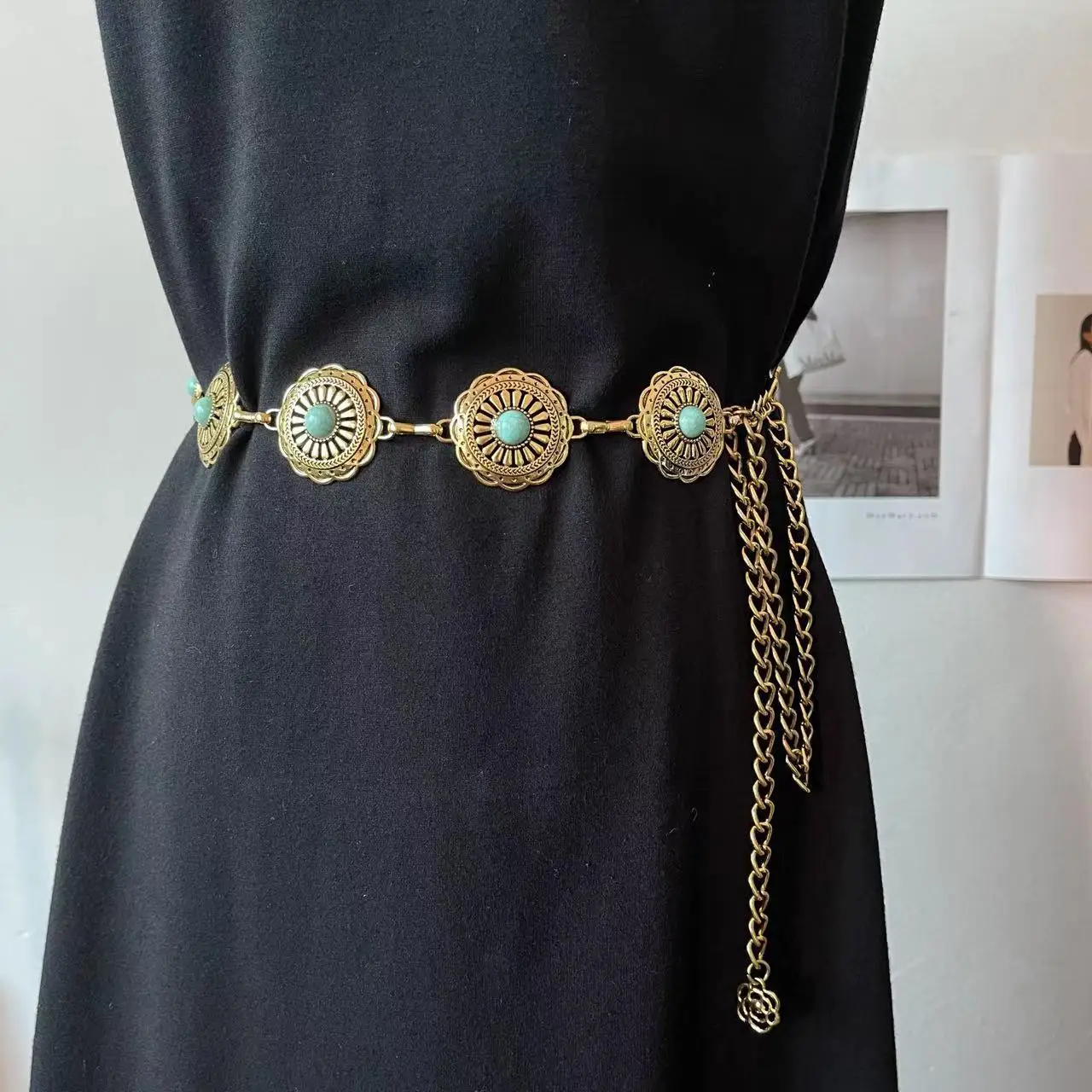 Gold Turquoise Chain Waist Belt for Women Bohemian Style - Image 3