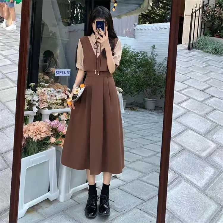 Women Polo Collar Belly Covering Dress Brown Spring Summer - Image 3