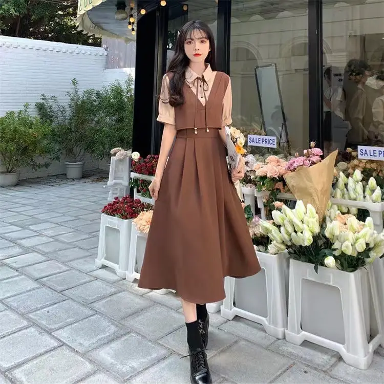 Women Polo Collar Belly Covering Dress Brown Spring Summer - Image 5