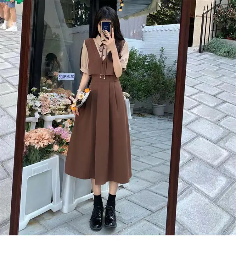 Women Polo Collar Belly Covering Dress Brown Spring Summer — feature 22
