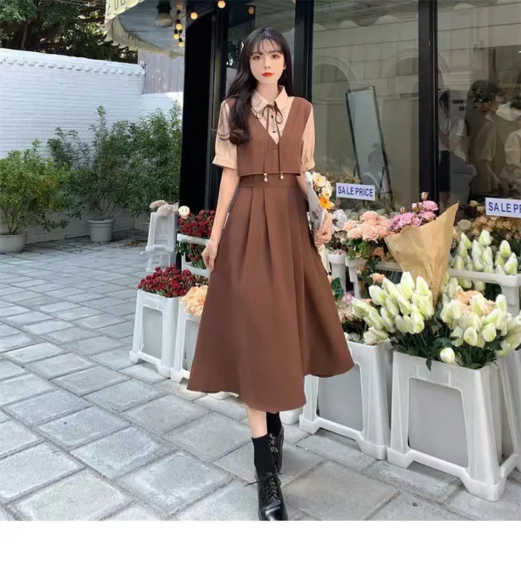Women Polo Collar Belly Covering Dress Brown Spring Summer — feature 23