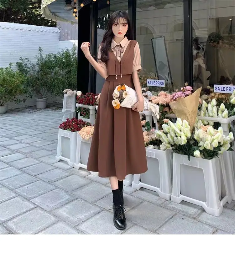 Women Polo Collar Belly Covering Dress Brown Spring Summer — feature 24