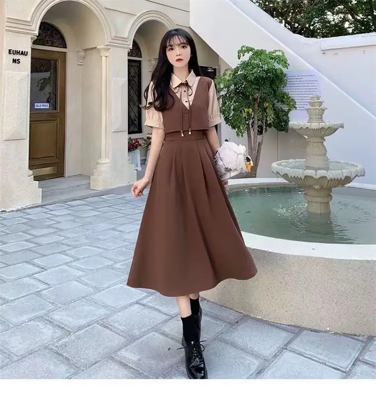 Women Polo Collar Belly Covering Dress Brown Spring Summer — feature 25