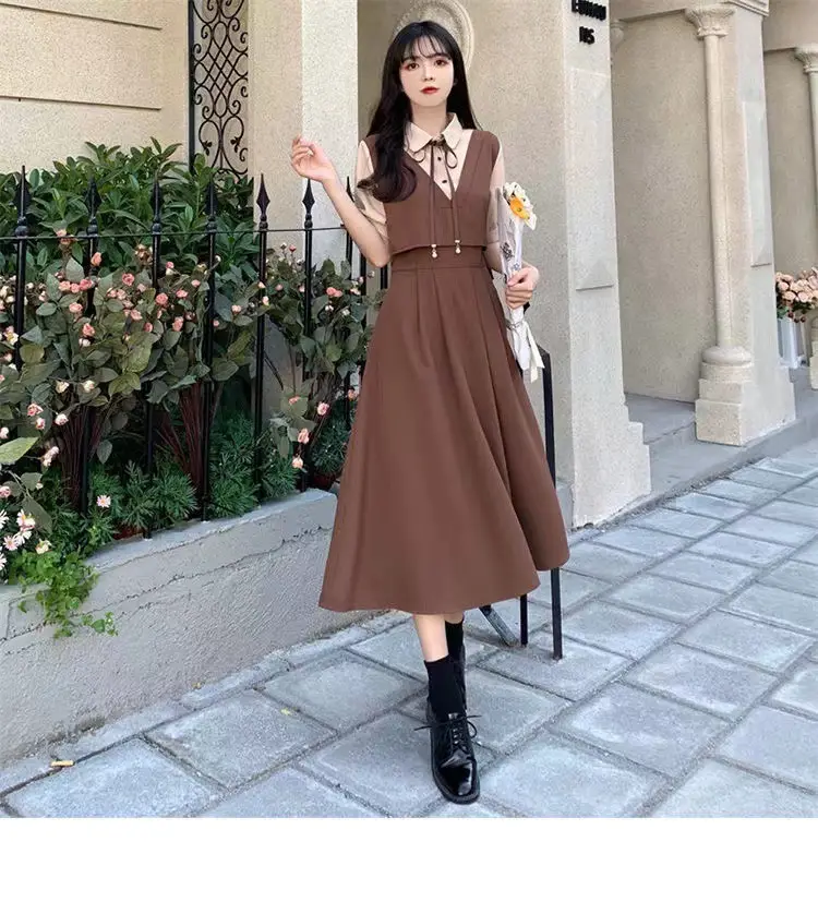 Women Polo Collar Belly Covering Dress Brown Spring Summer — feature 26
