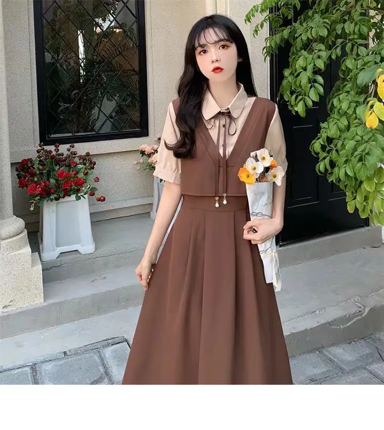 Women Polo Collar Belly Covering Dress Brown Spring Summer — feature 27