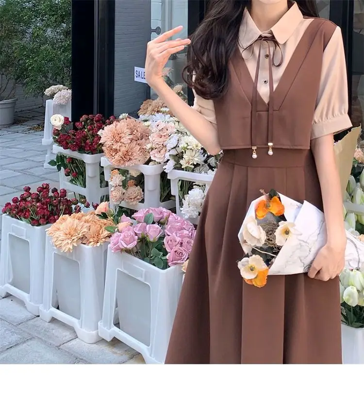 Women Polo Collar Belly Covering Dress Brown Spring Summer — feature 30