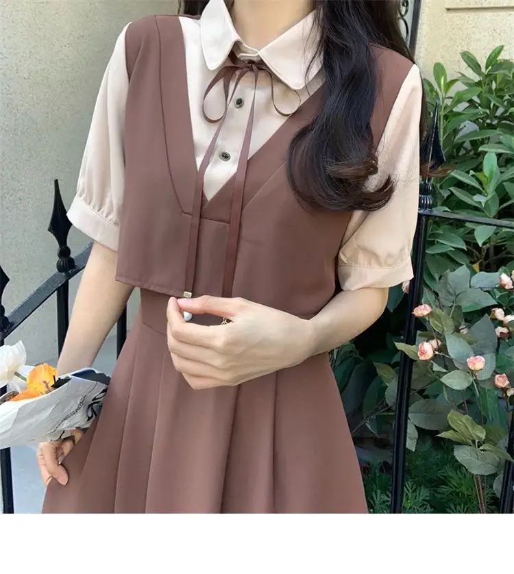 Women Polo Collar Belly Covering Dress Brown Spring Summer — feature 31