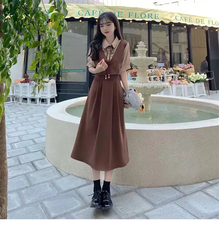 Women Polo Collar Belly Covering Dress Brown Spring Summer — feature 9