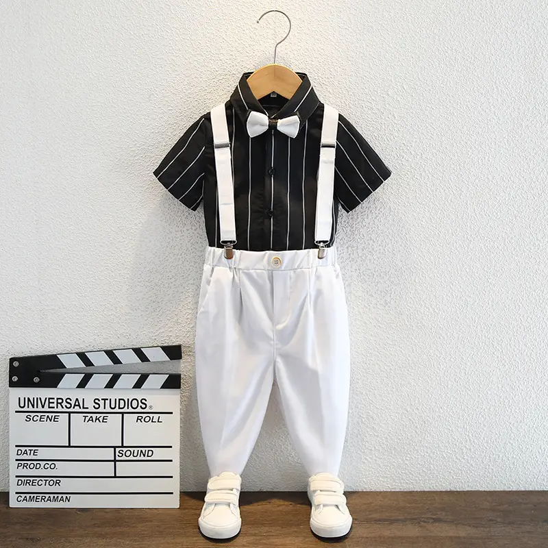 Boys Striped Bowtie Suit White Pants Small - Image 11