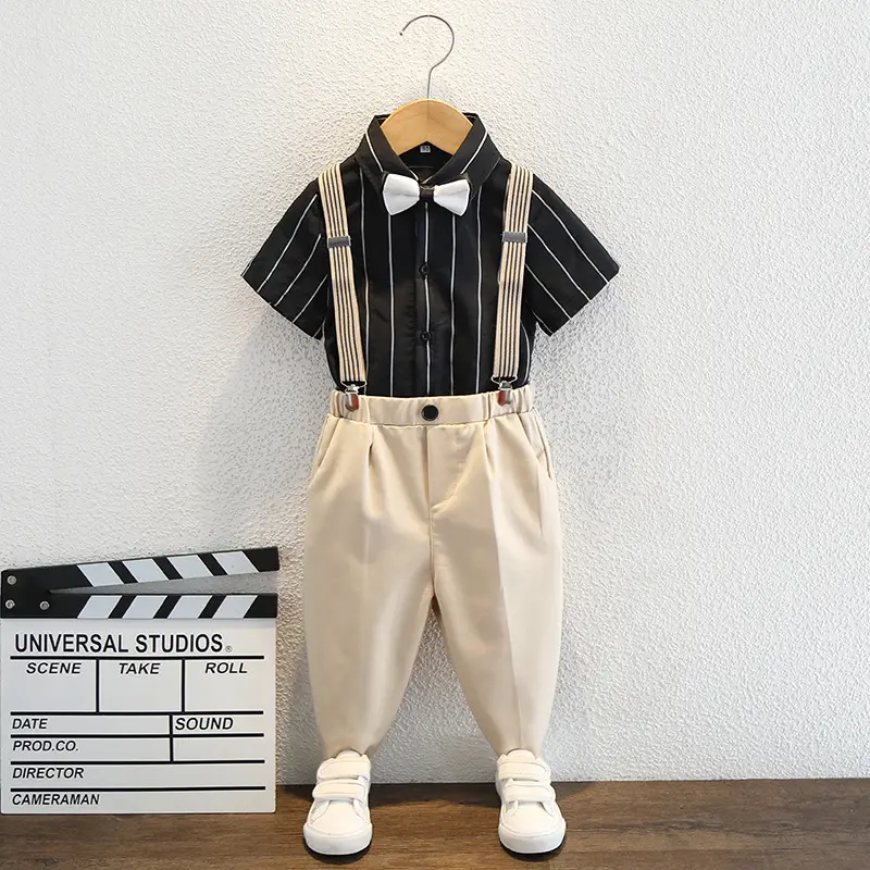 Boys Striped Bowtie Suit White Pants Small - Image 2