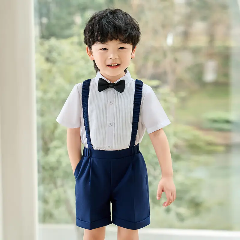 Children's Navy Blue Suspenders Suit with Bow Tie - Image 10